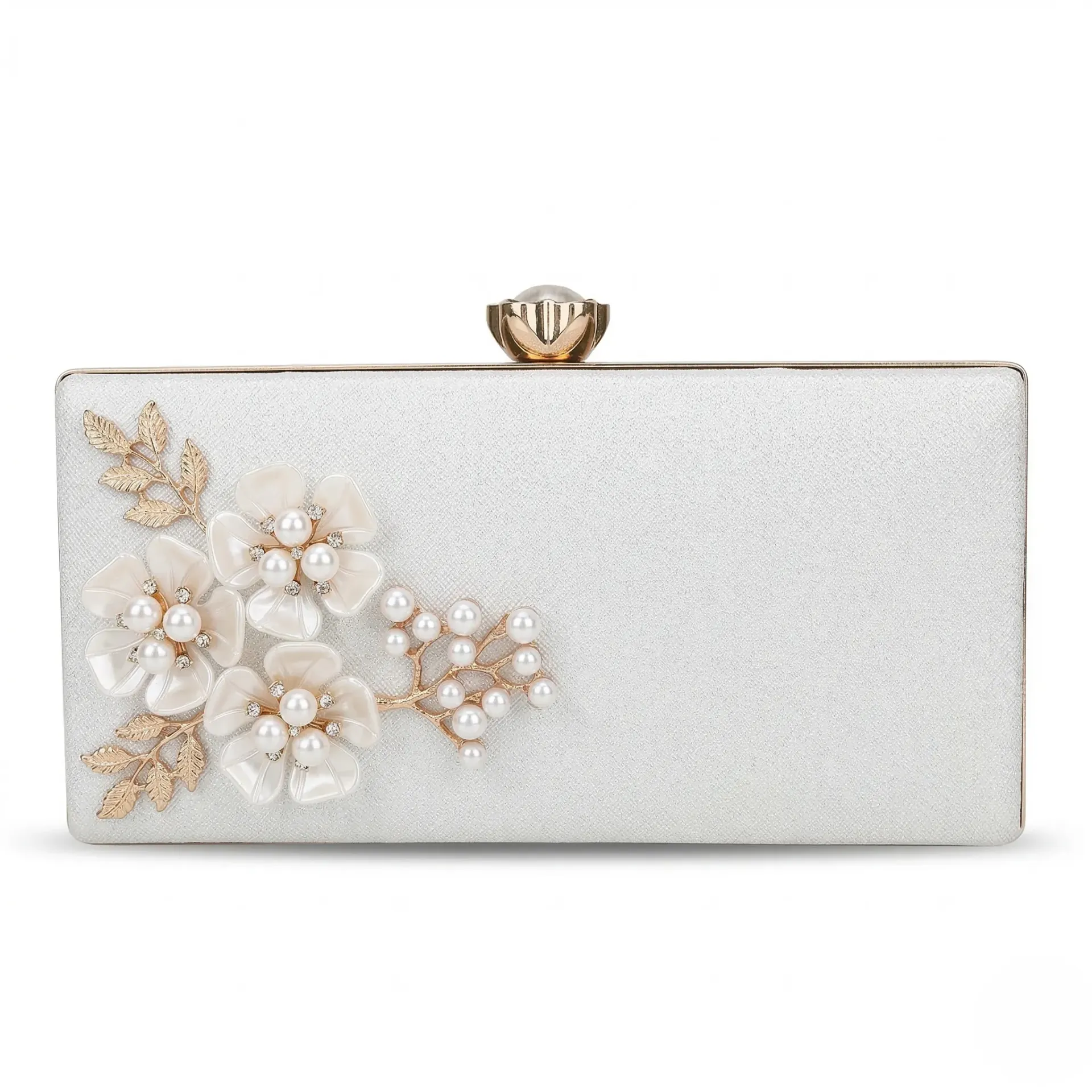 White Clutch With Pearled Flowers