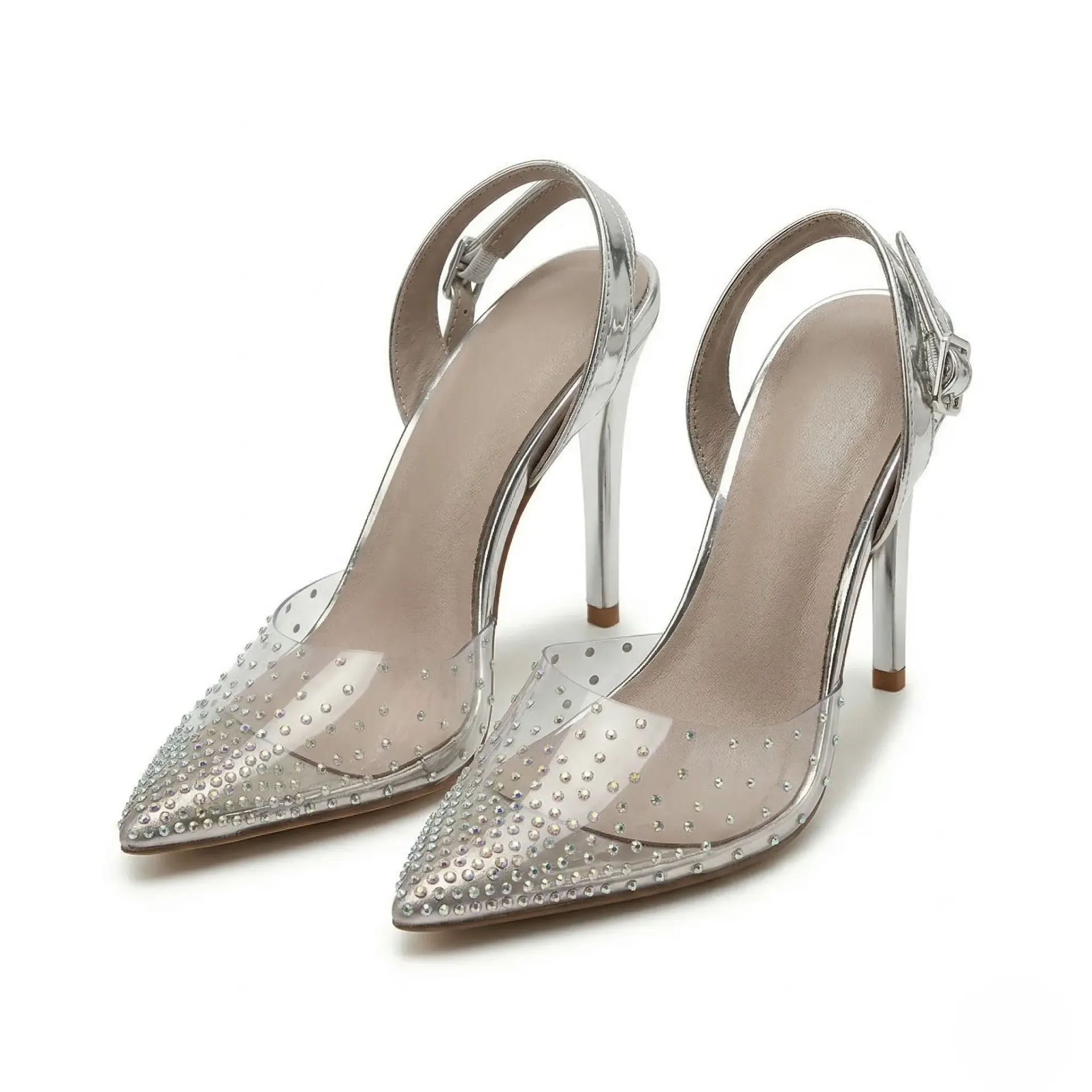Transparent Silver Heels With Rhinestones 