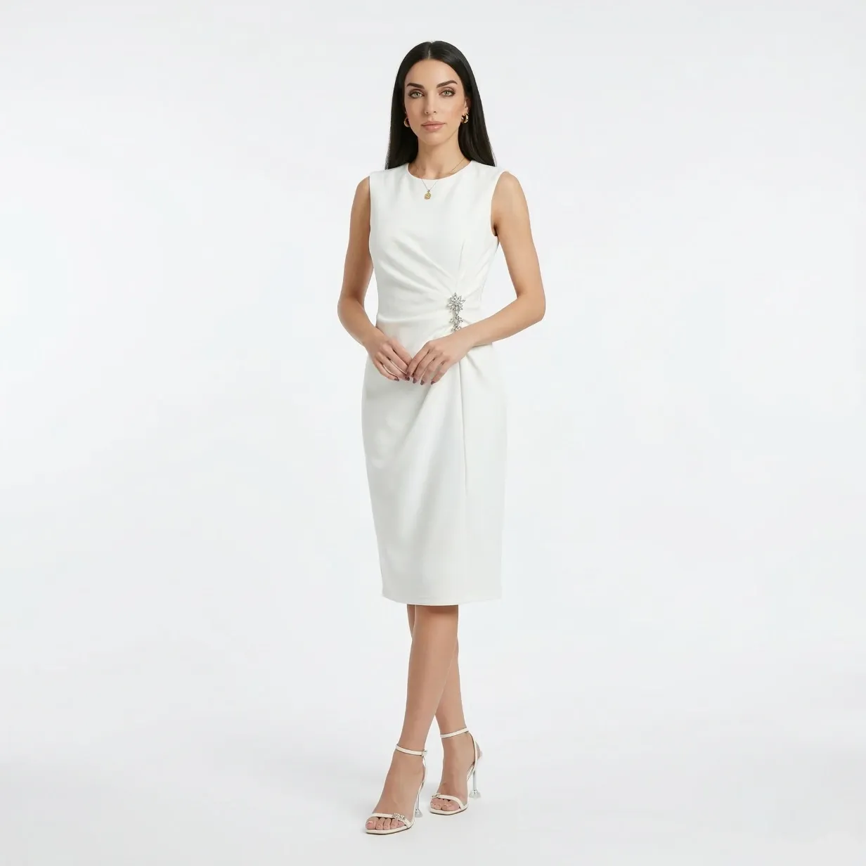 Knee Length White Dress With Silver Stones (S)