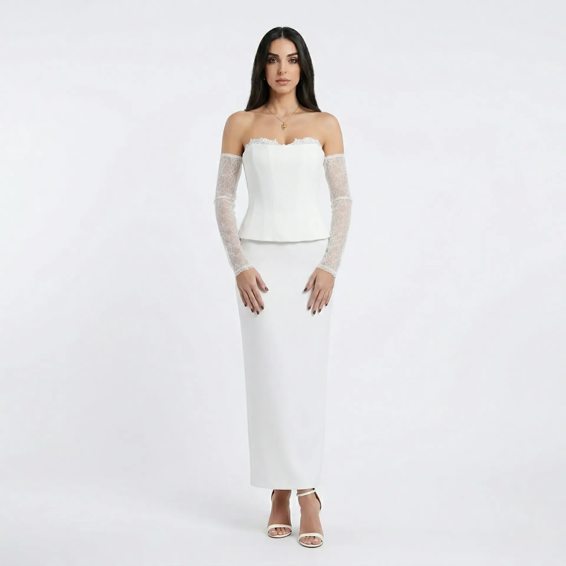 Strapless Corset White Dress With Lace Gloves (S)