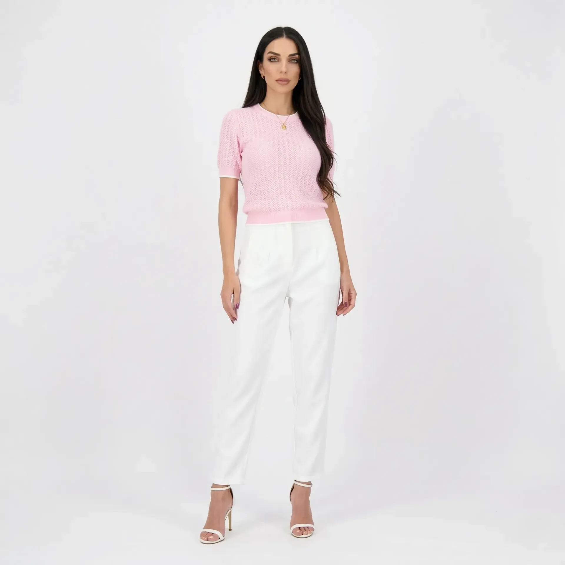 Crochet Style Pink Round Neck T-Shirt