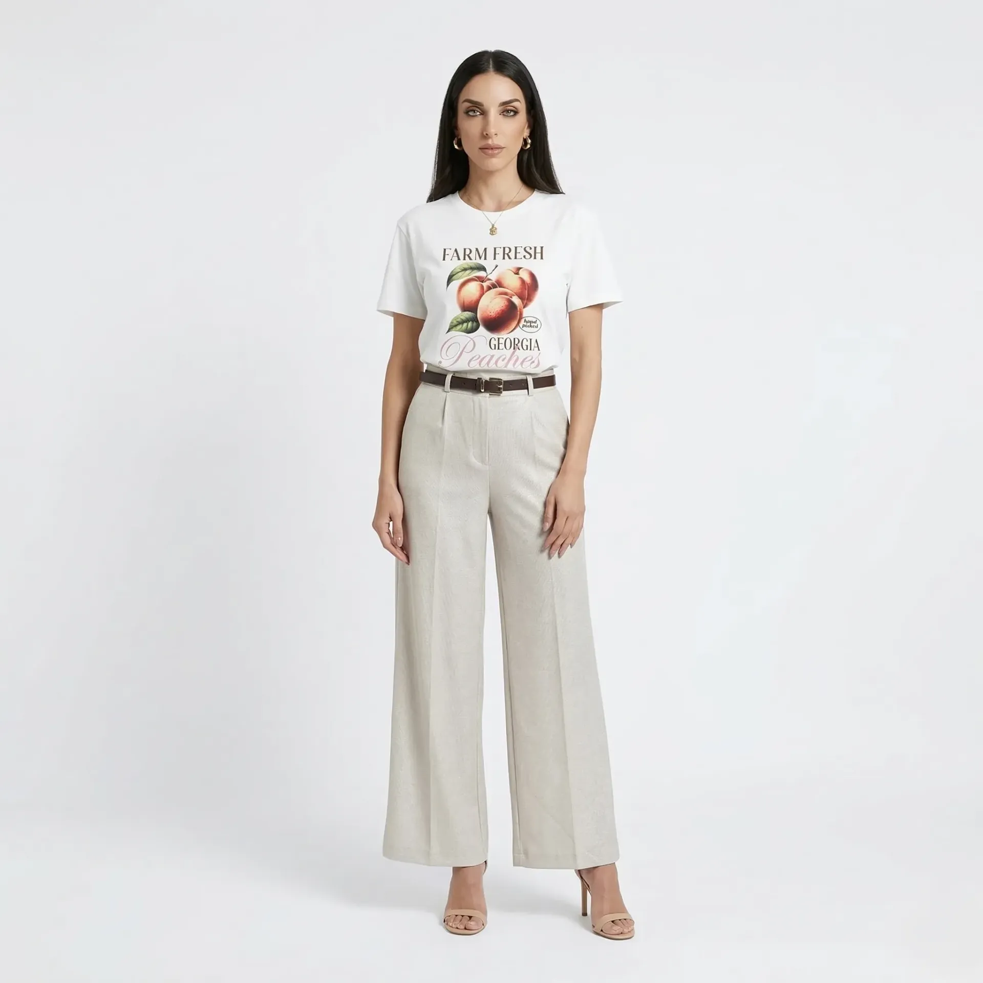 Beige Straight Pants With Brown Belt (S)