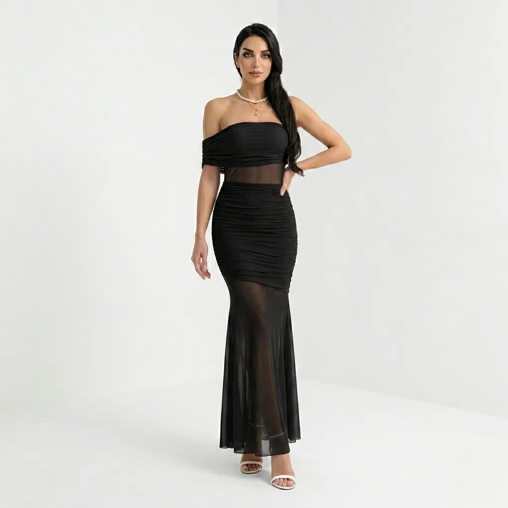 Black One Shoulder Chiffon Dress