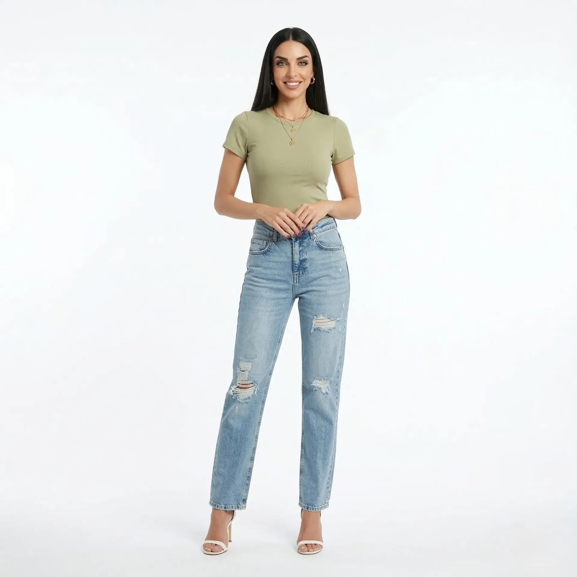 Ripped Straight Denim Pants (34-(26))