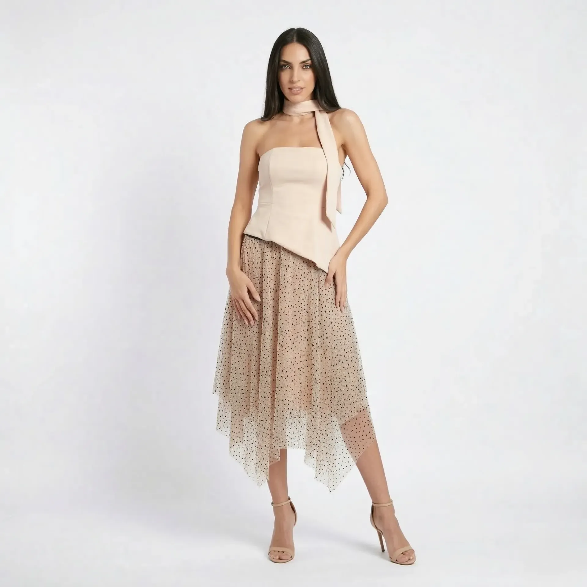 Beige Polka Dot Long Skirt (S)