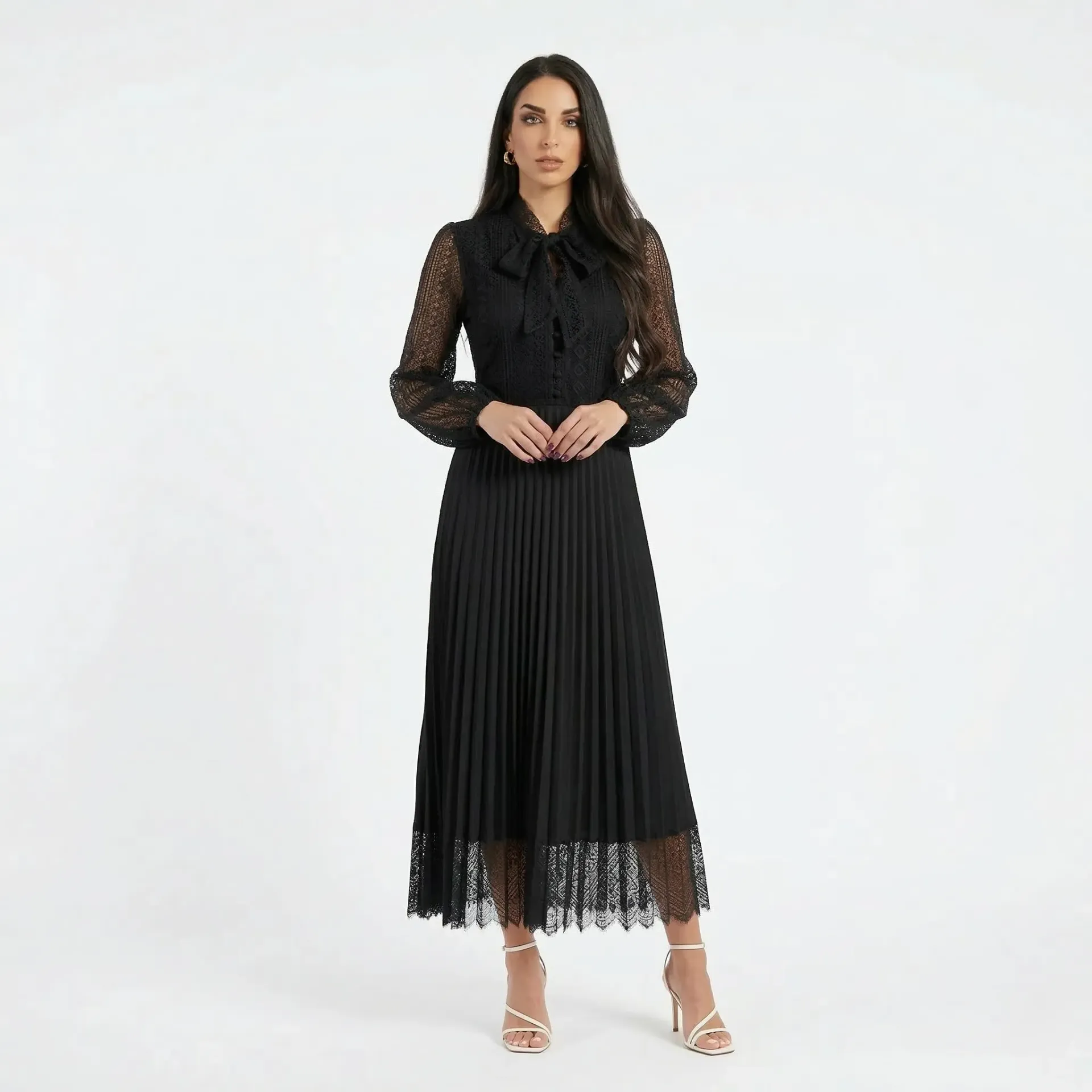 Black Pleated Lace Midi Dress