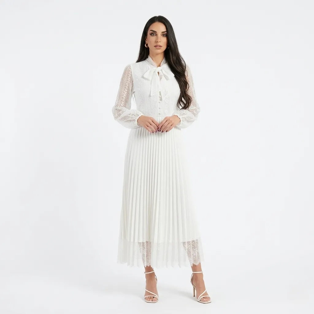 White Pleated Lace Midi Dress (S)