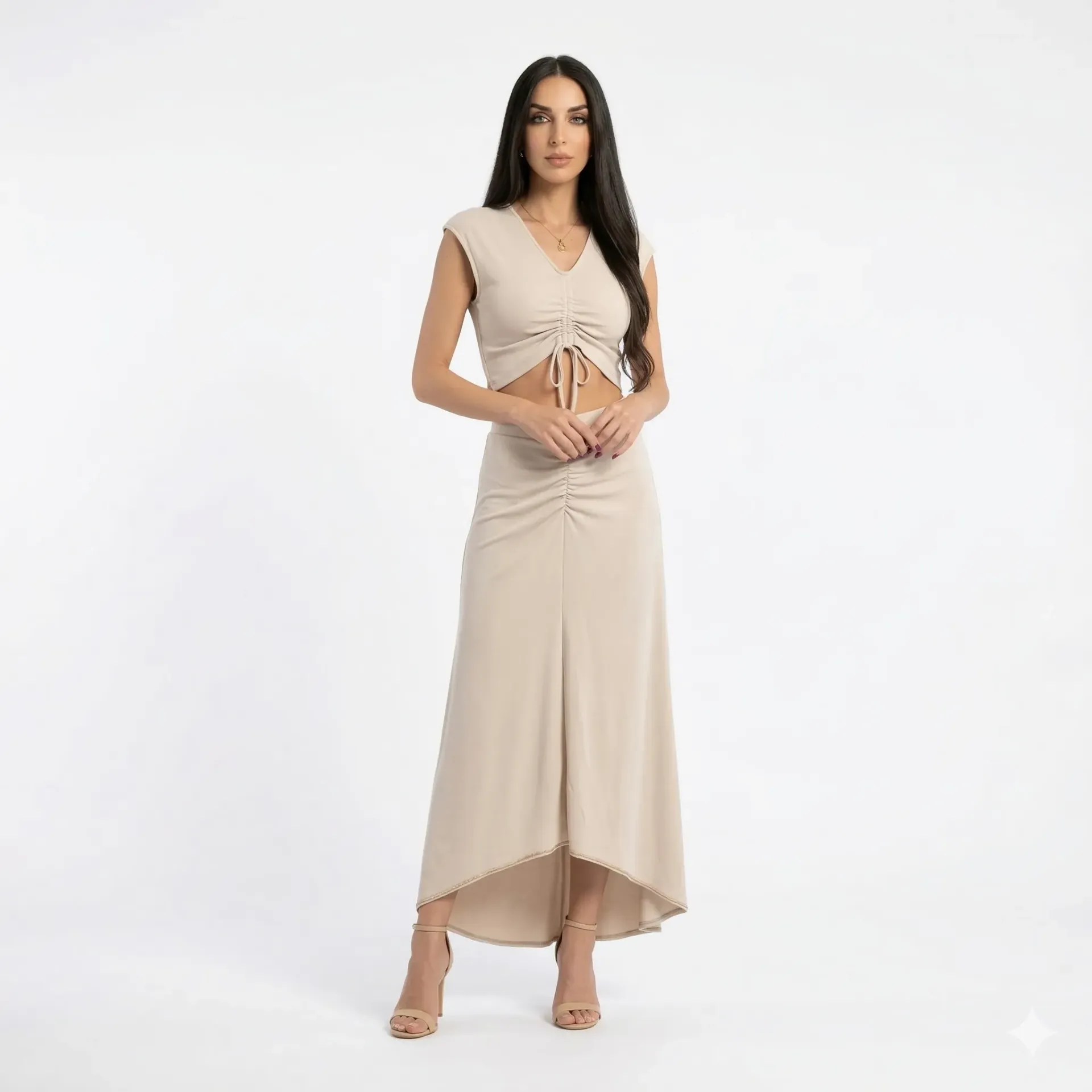 Beige Cotton Crop Top & Skirt Set (S)