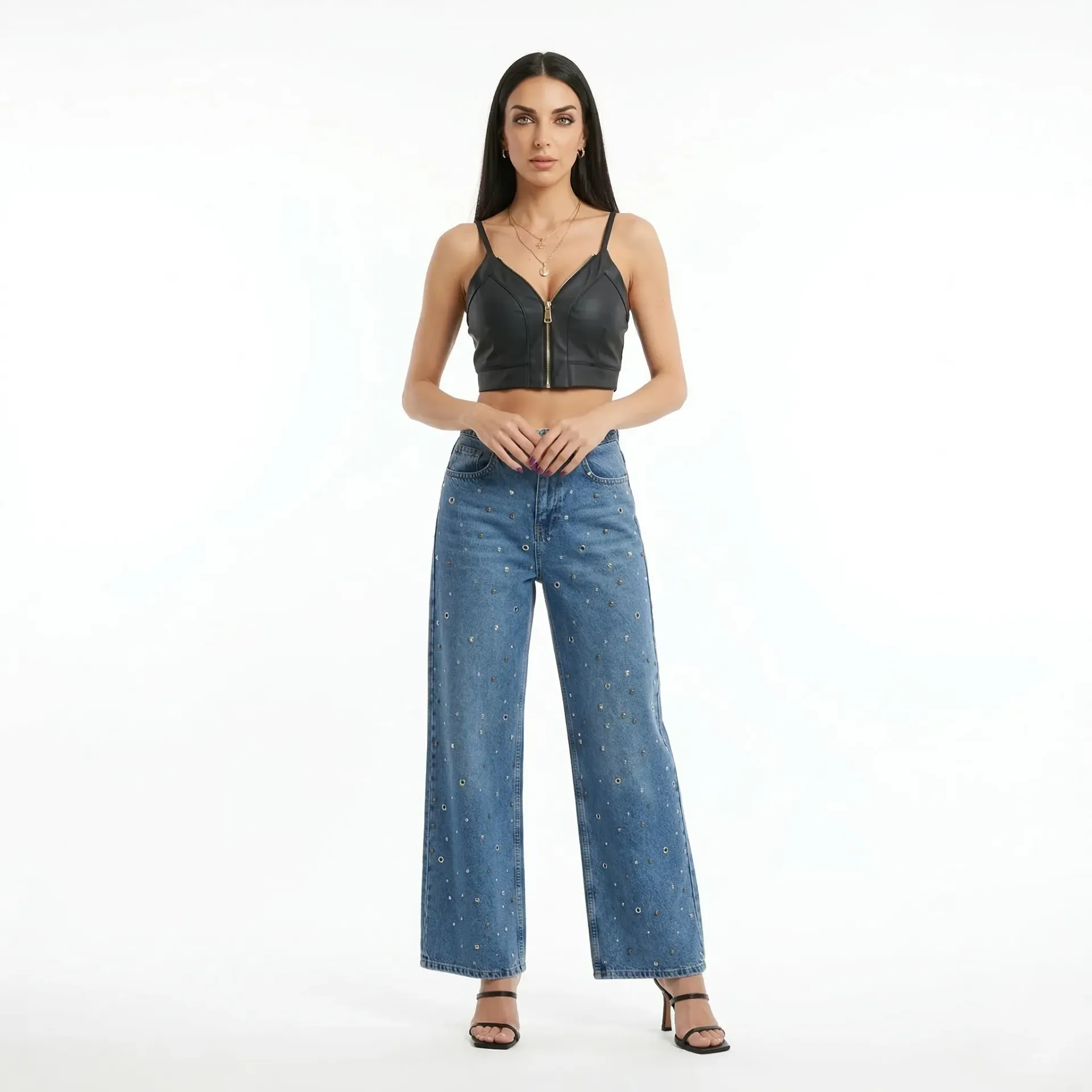 Studded Wide Leg Denim Jeans (34-(26))
