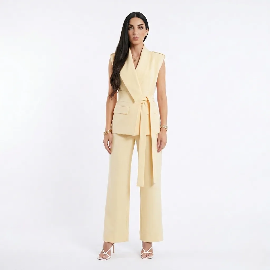 Classic Long Butter Yellow Vest Blazer Set