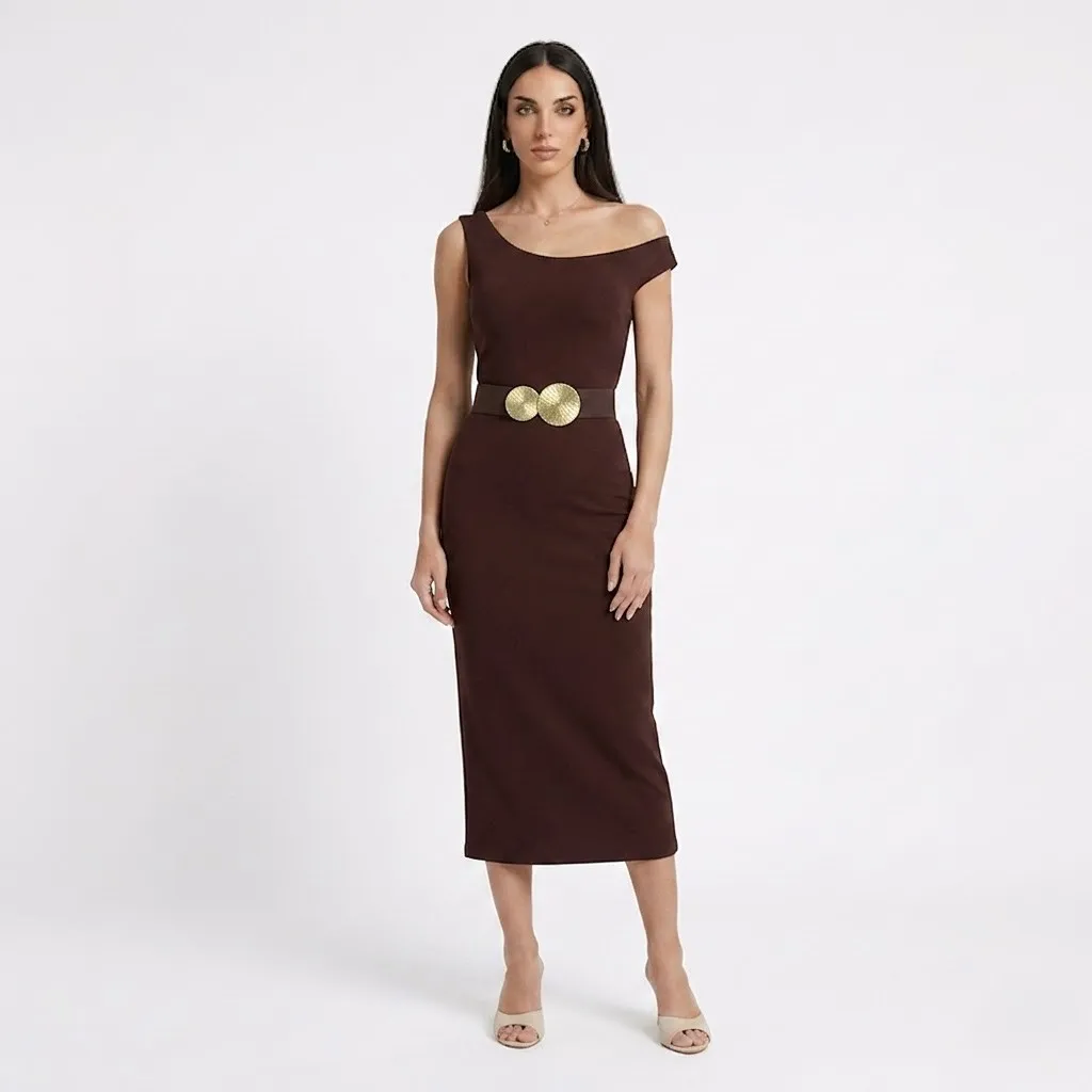 Off Shoulder Brown Dress with Belt