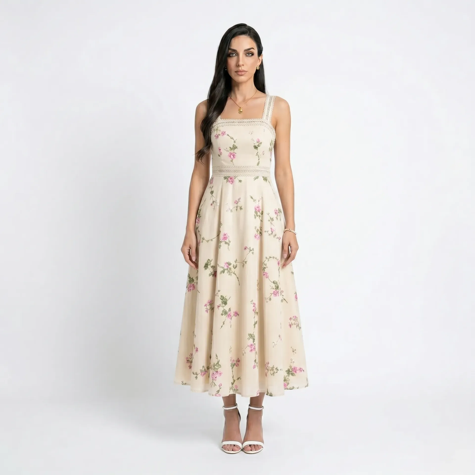 Long Floral Beige Dress (S)