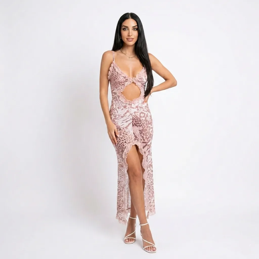 Animal Print Long Dress With Open Chest (S)