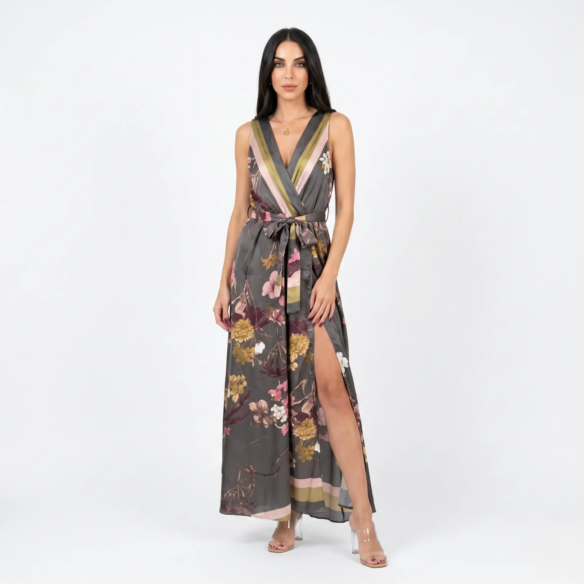 Belted Satin Floral Long Dress