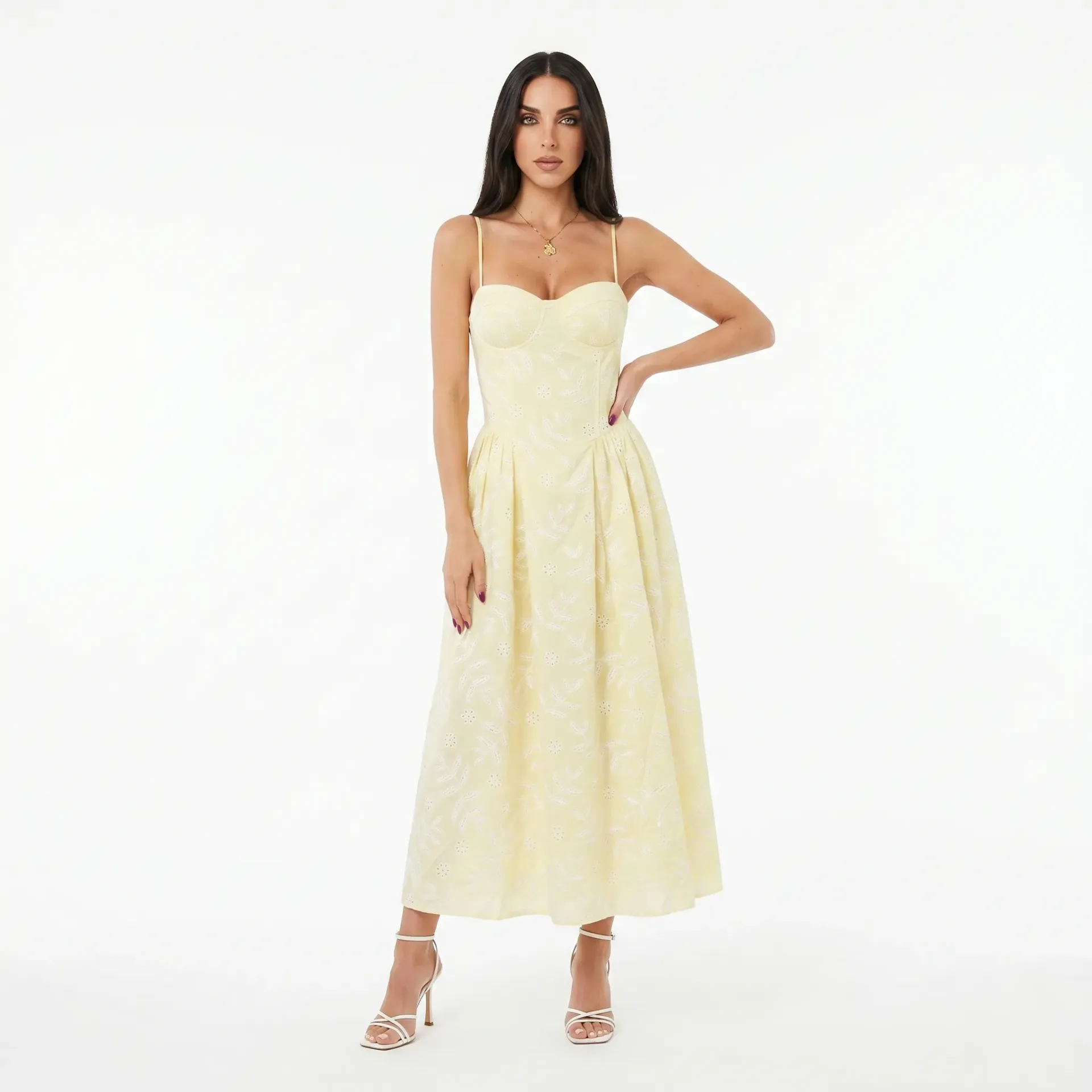 Padded Yellow & White Broderie Long Dress