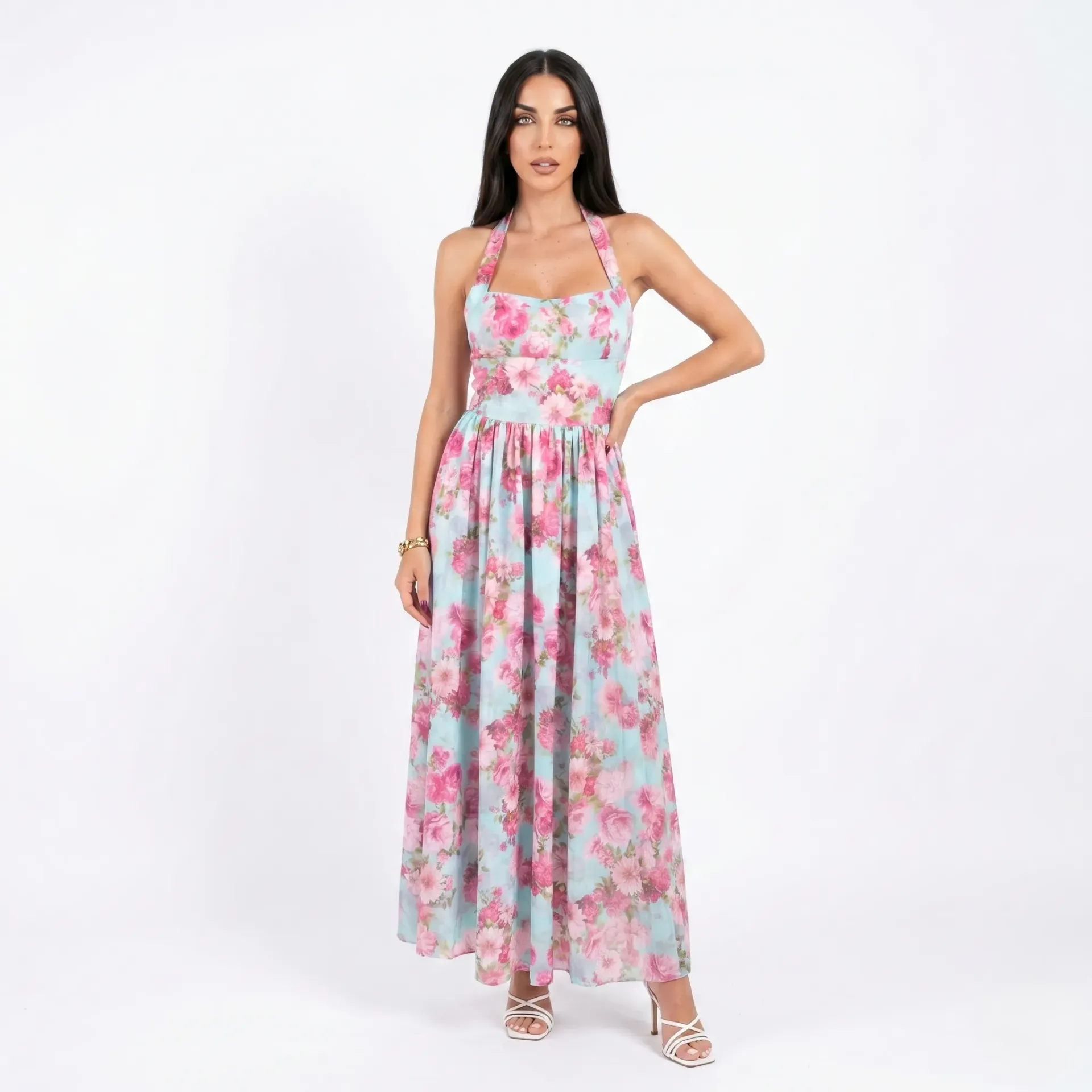 Blue & Pink Long Flared Dress