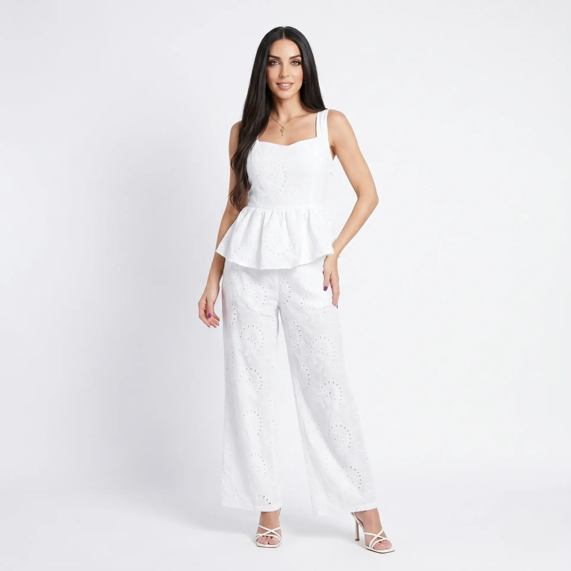 White Broderie Top And Pants Set