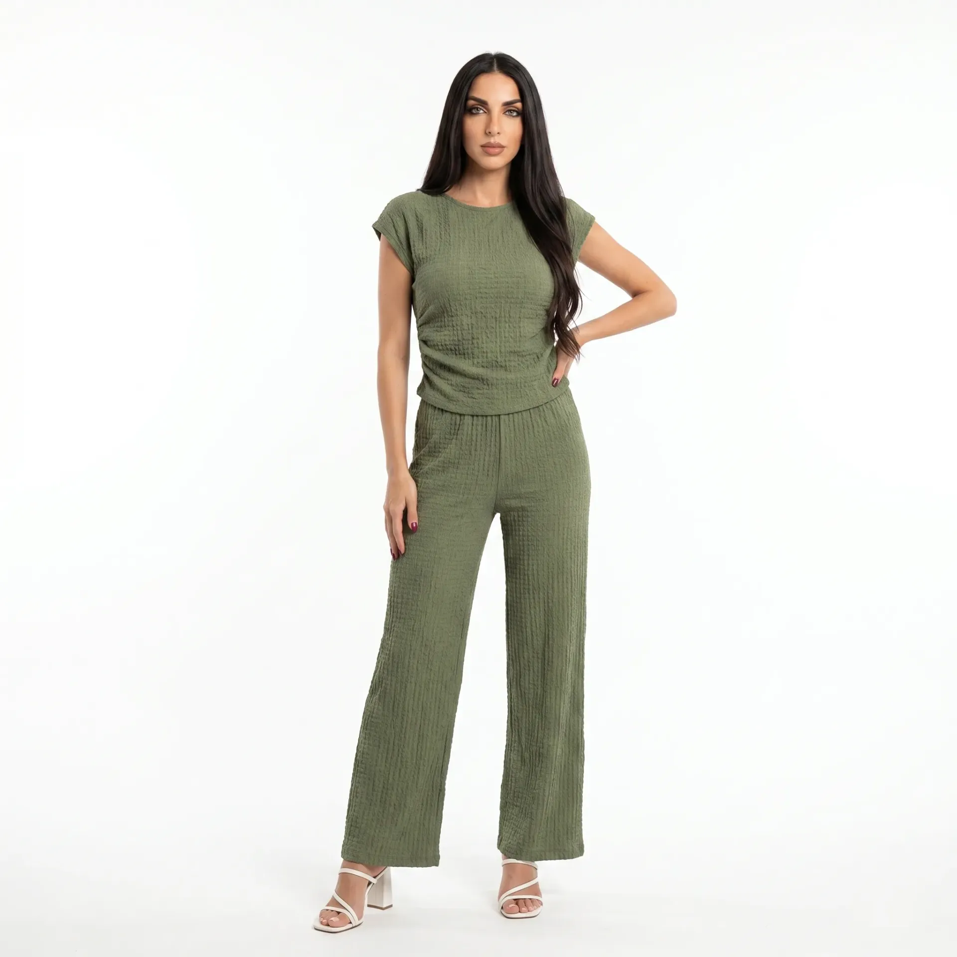 Army Color Crop Top & Pants Set