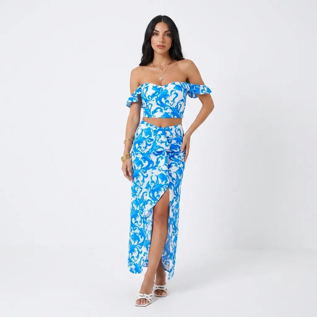 Blue & White Crop Top & Skirt Set