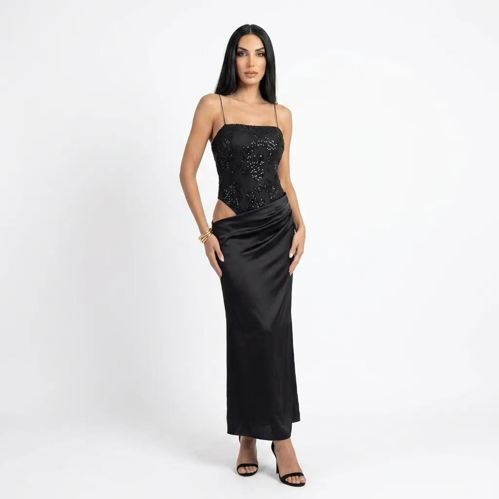 Beaded Bodysuit Black Dress